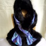 Blue Silk and Black Mink Faux Fur Stole