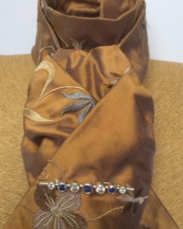 Bronze embroidered blue grey flowers shot silk stock self tie