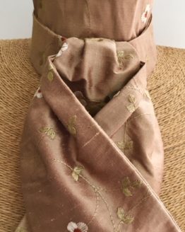 Cocoa Embroidered Linen and Rust Flowers Silk Stock Pre TIed