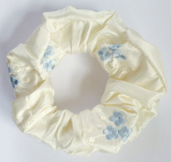 Ivory Embroidered Blue Flower Cluster Silk Scrunchie