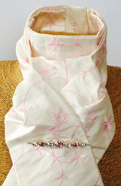 Ivory Embroidered Pink Flower Pure Silk Stock Self Tie