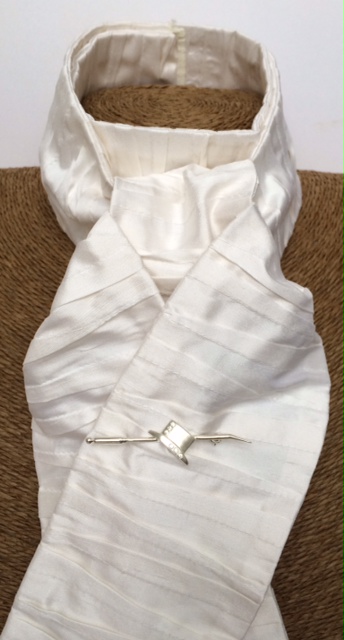 White Pleated Silk Stock Self Tie with Silver Dressage Hat on Whip Stock Pin