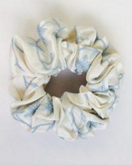Ivory embroidered blue flower pure silk scrunchie