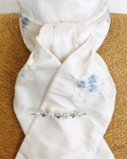 Ivory embroidered blue cluster silk stock pre tied