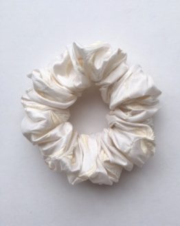White Beaded and Embroidered Leaves Silk Scrunchie
