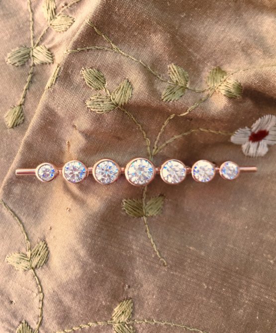 Brilliant White Graduated Stones Rose Gold Stock Pin on Coco Embroidered Flower Silk Stock